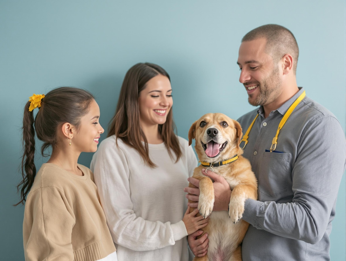 Veterinario examinando a un perro adoptado durante un chequeo de salud