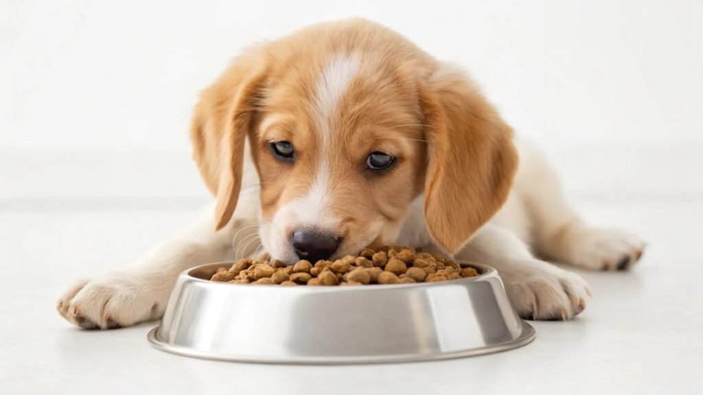 Cachorro comiendo croquetas de su plato durante la etapa de destete